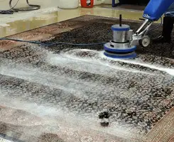Professional rug cleaning with a rotary floor machine and shampoo foam, deep-cleaning an area rug, in Mesa, AZ.